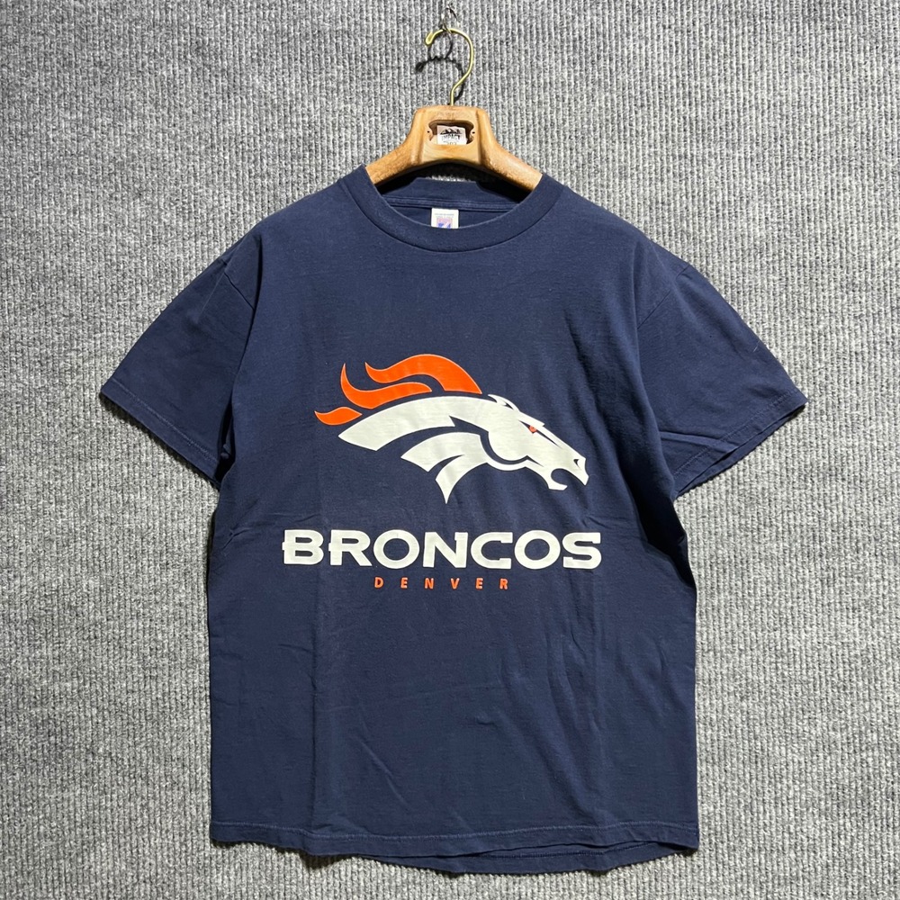 Vintage Logo 7 Denver Broncos T Shirt Mens Large Navy Blue NFL Football Graphic